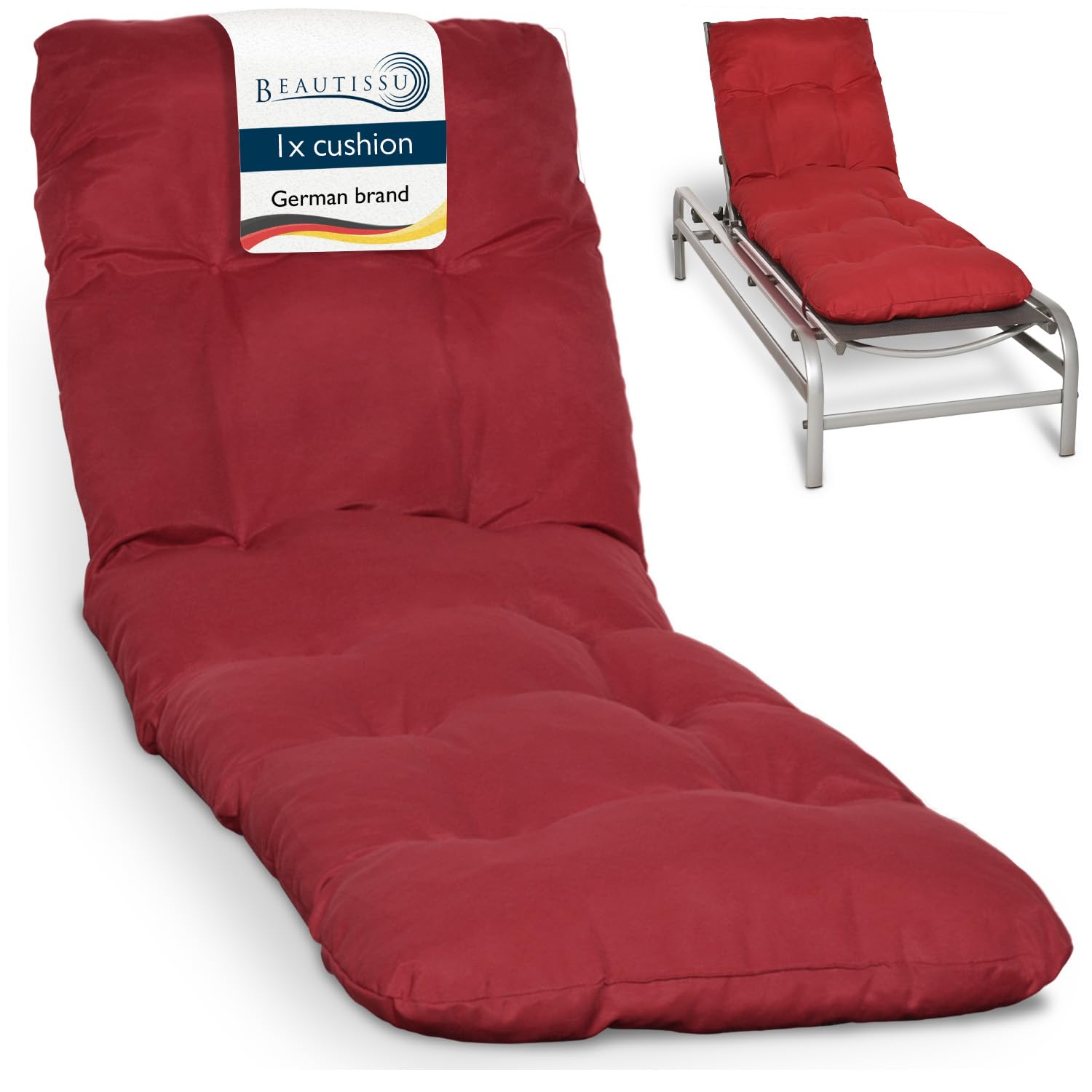 Beautissu Red Padded Sun Lounger Cushion 190X60x8 Cm – Sunbed Pad As Relaxer Garden Recliner Cushions Steamer Chair – Flair Rl
