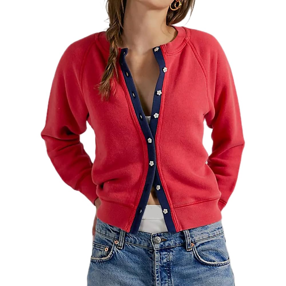 Women Color Block Button Cardigan Y2k Long Sleeve Crewneck Cropped Sweater Fall Trendy Open Front Sweaters Knitwear