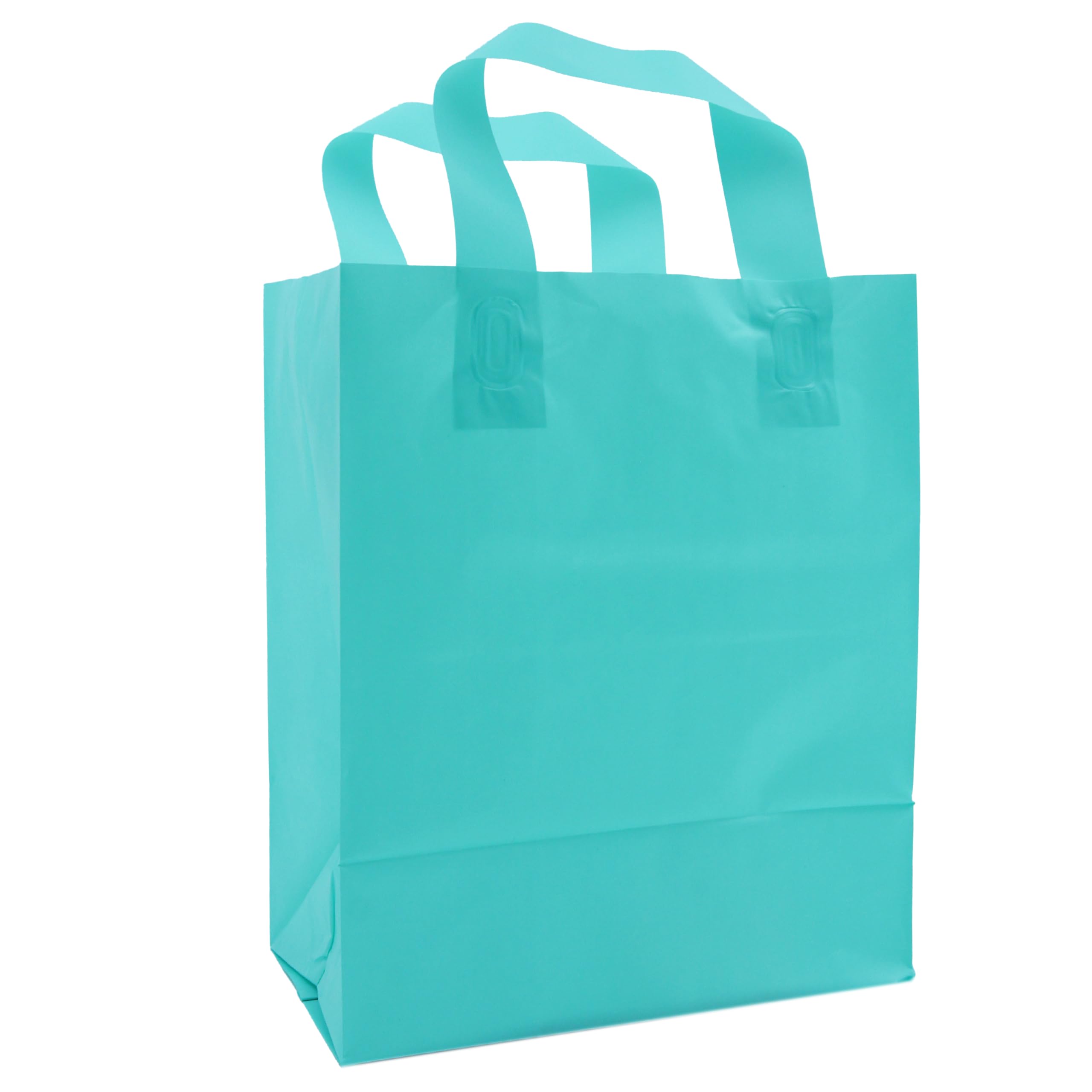 SSWBasics Medium Aqua Frosted Plastic Shopping Bags - 8" x 5" x 10" - Case of 100 - Plastic Gift Bags with Handles - Durable and Stylish Boutique Bags with Handles for Retail and Shopping