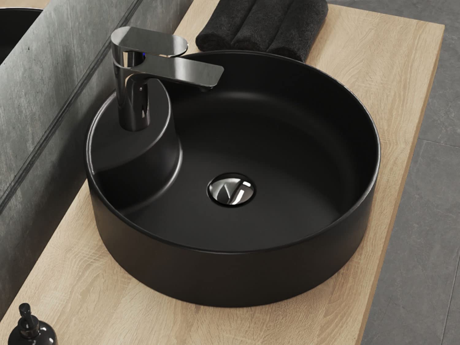 Aqua Bagno | Rundes Aufsatzwaschbecken mit Hahnloch schwarz matt, Keramikbecken, Handwaschbecken | 42 cm breit