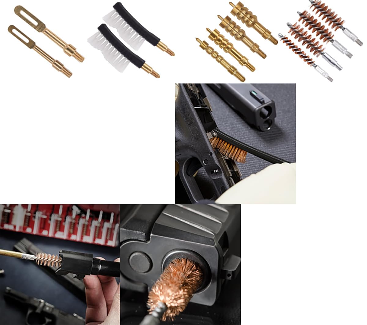 Pistolenreinigungsset für Pistolen der Kaliber 22.357.38, 9mm.40.45 mit Pistolenzubehör Bronze-Bohrungsbürste, Messing-Zacken, Messing-Schlitzspitze, Nylonbürste