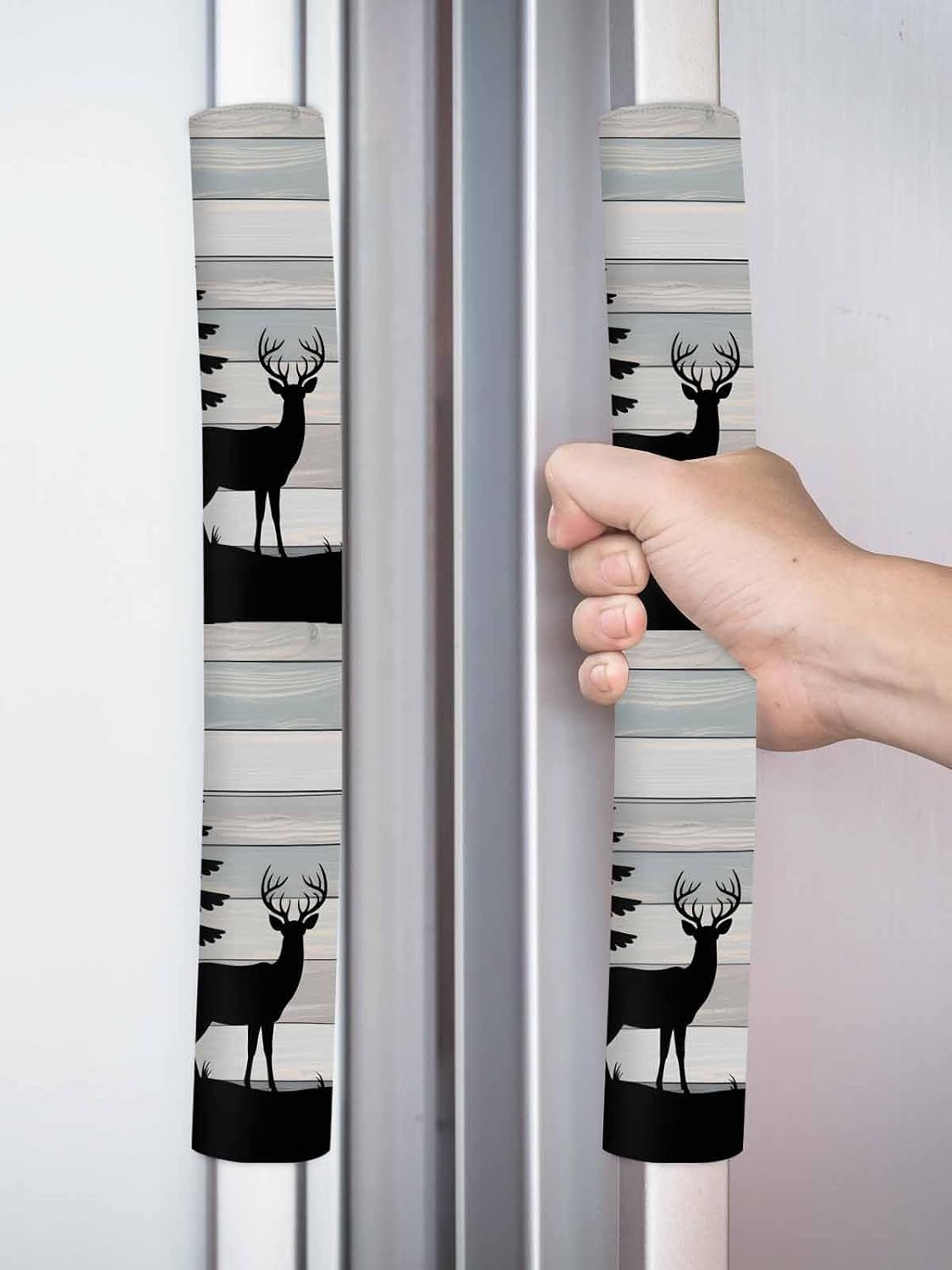 Forest Bear Refrigerator Door Handle Covers Set of 2, Silhouette Elk Stripes Tree Wood Grain Kitchen Fridge Microwave Oven Dishwasher Stove Cabinet Handle Protectors, Washable Appliance Decor