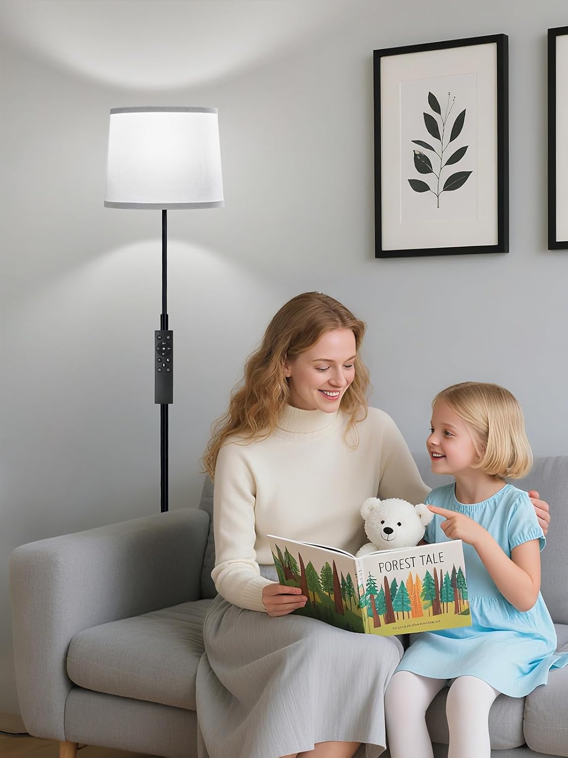 60" Modern Floor Lamp for Living Room Bedroom, Standing Lamp with White Linen Lampshade, Remote and Foot Switch, Tall Lamp with A19 9W 3000K-6000K Color Temperature 10%-100% Brightness Dimmable Bulb