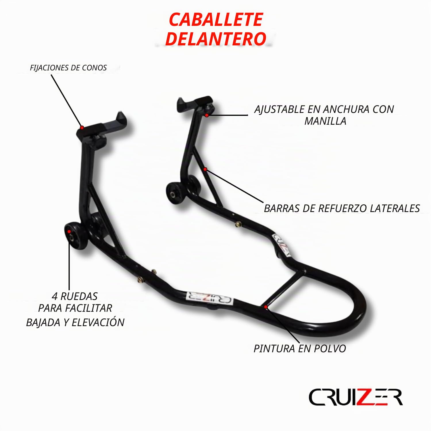 Cruizer - Plataforma elevadora delantera para motocicleta con fijaciones cónicas y horquillas, ruedas inferiores y barras laterales de refuerzo