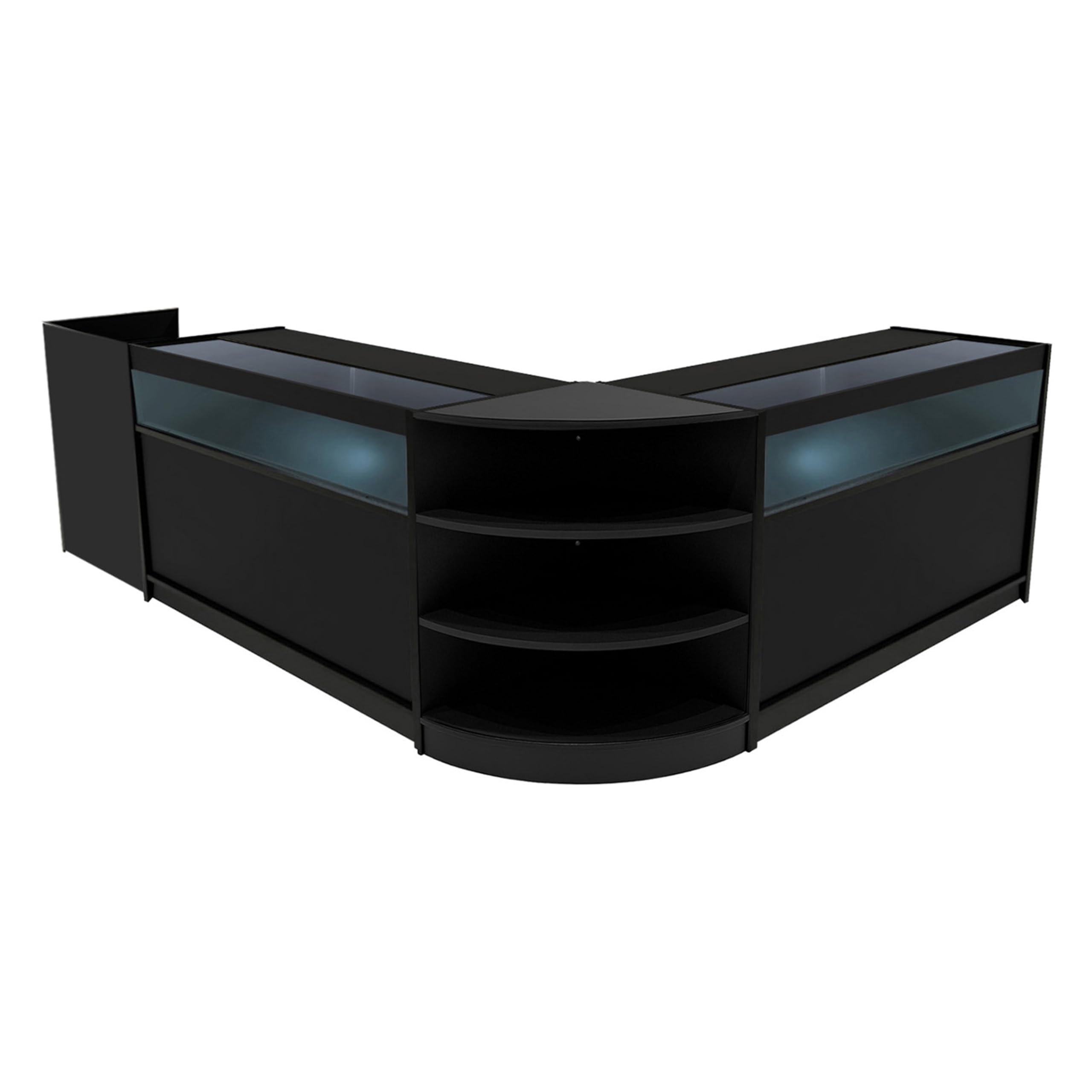 Set Mostradores Comerciales "SAGITTARIUS" | Negro |LM60 + 2xB1500 + TB60| MDF y vidrio templado | Estantes y puertas corredizas con cerradura | Fácil Montaje | Mostrador Recepción Expositor Comercial