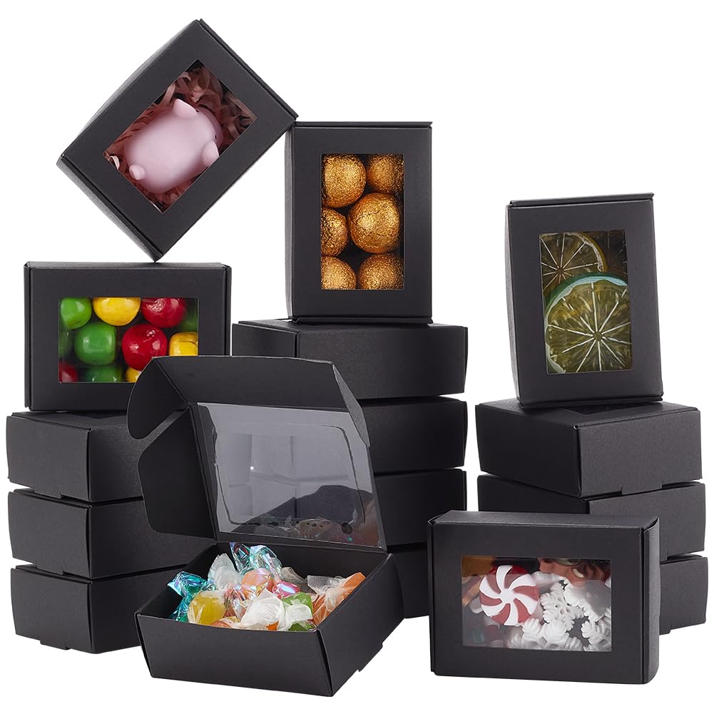 BENECREAT 100 Pack Black Kraft Paper Boxes with Clear Window, 8.7x6.2x3cm Present Packaging Box for Anniversaries, Birthdays, Weddings, Graduation
