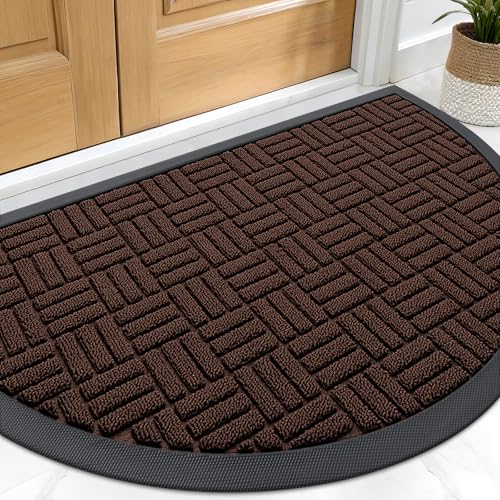 Image of OLANLY Half Circle Door Mat Outside Entrance 29.5x17, Absorbent, Heavy Duty Sturdy Natural Rubber Doormat Indoor Outdoor, Fade Resistant, Non-Slip Backing Low Profile Floor Mat for Entryway, Brown