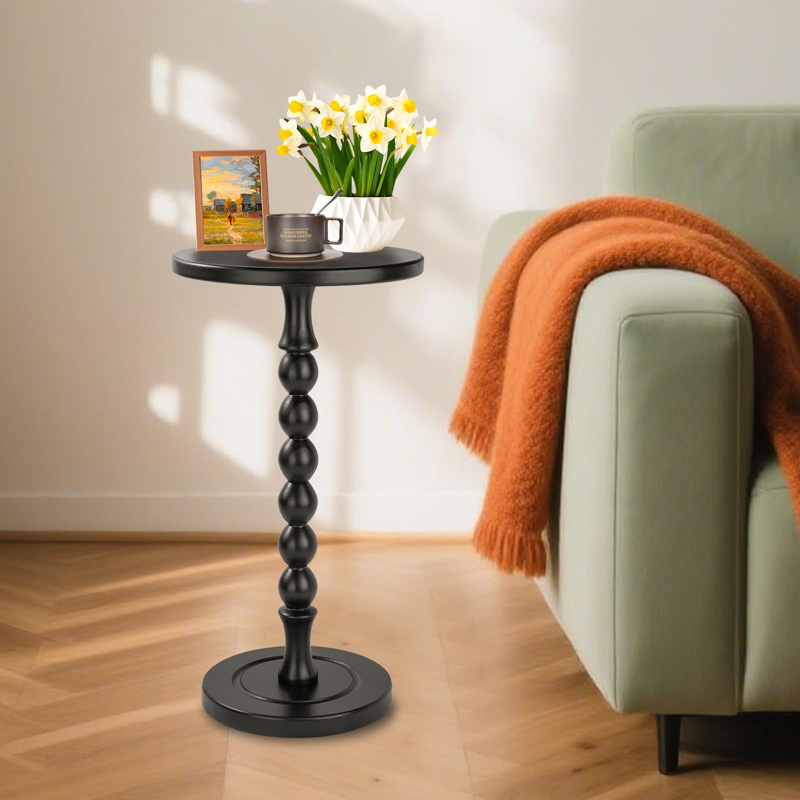 Table d'appoint Ronde pour Petits espaces, Table à Boissons avec piédestal en chêne, Table de Chevet Moderne pour Salon, Chambre, Bureau et Coins, Assemblage sans Outil, Noire