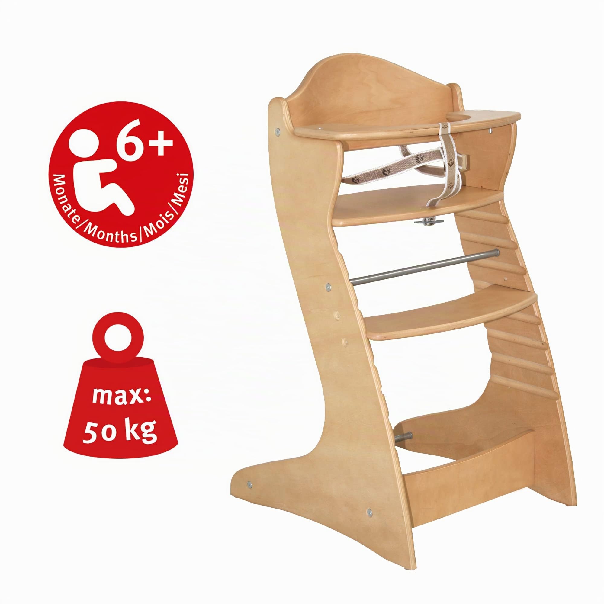 roba Chaise Haute Évolutive Chair Up en Bois Naturel, Réglable | Chaise pour enfant avec harnais de sécurité, assise ergonomique et repose-pieds ajustables. Supporte jusqu'à 50 kg.