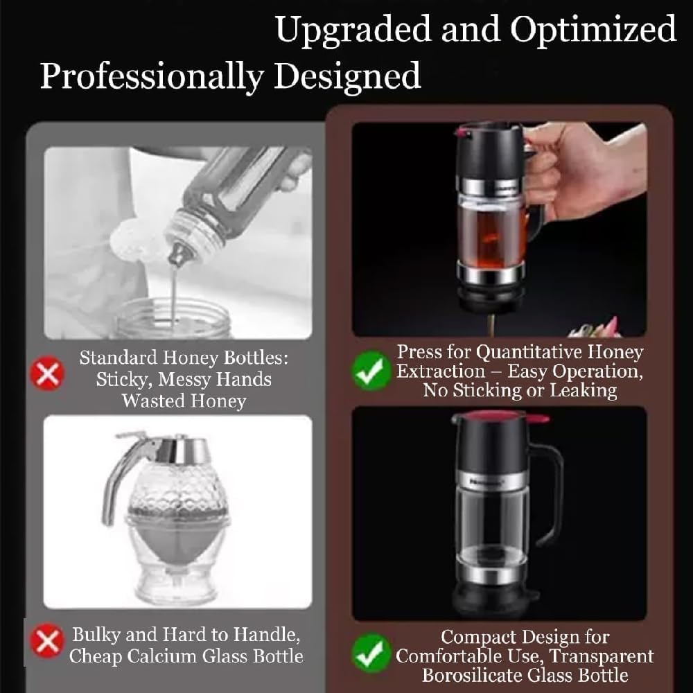 Honey Dispenser No Drip With Base,12oz Glass Honey Dispenser With Stand No Drip,Pressure Design For Quantitative Honey Extraction, Syrup And Jam Dispense (2pcs-yellow)