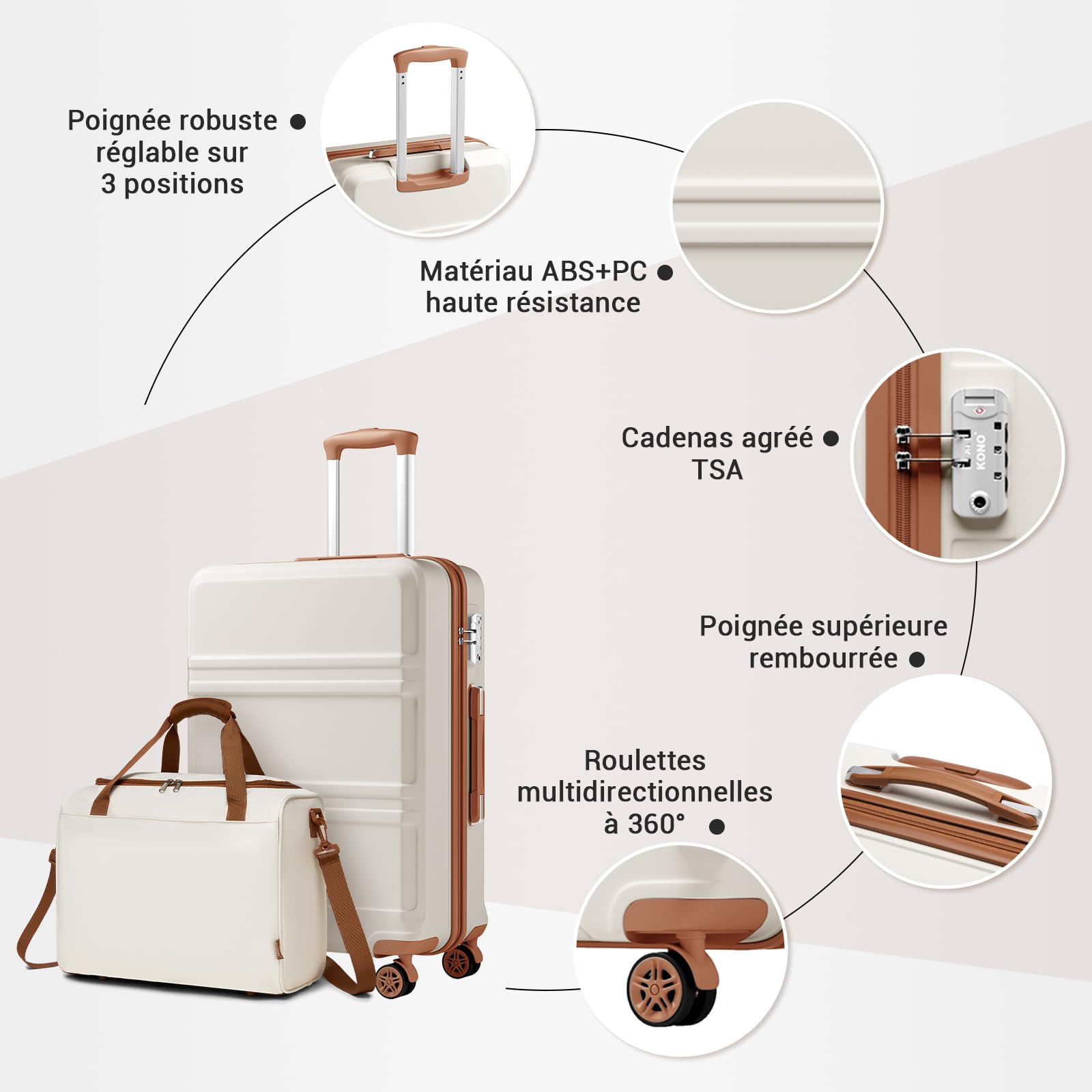 Kono Set de 2 Valises de Voyage Rigide Bagage Cabine 55cm à 4 roulettes avec Serrure TSA + Sac de Voyage Ryanair 40x20x25cm, Blanc Crème