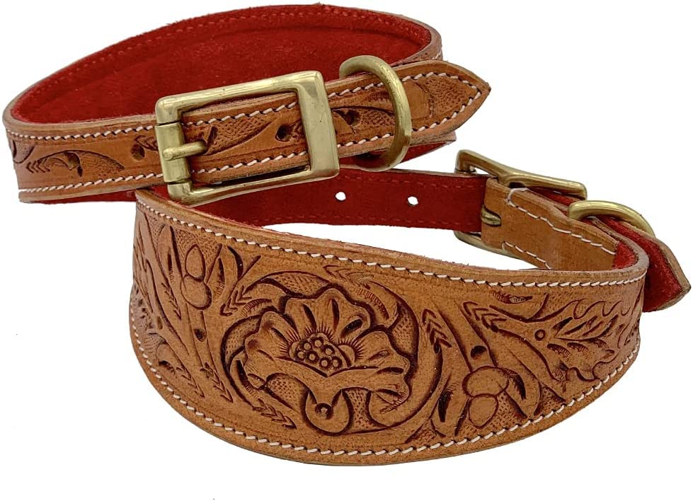 Leather Whippet Dog Collar Hand Tooled Carved Vegetable Tanned Leather Greyhound Saluki Hound Dog Collar (Neck Size 112 Inches to 14.1 Inches