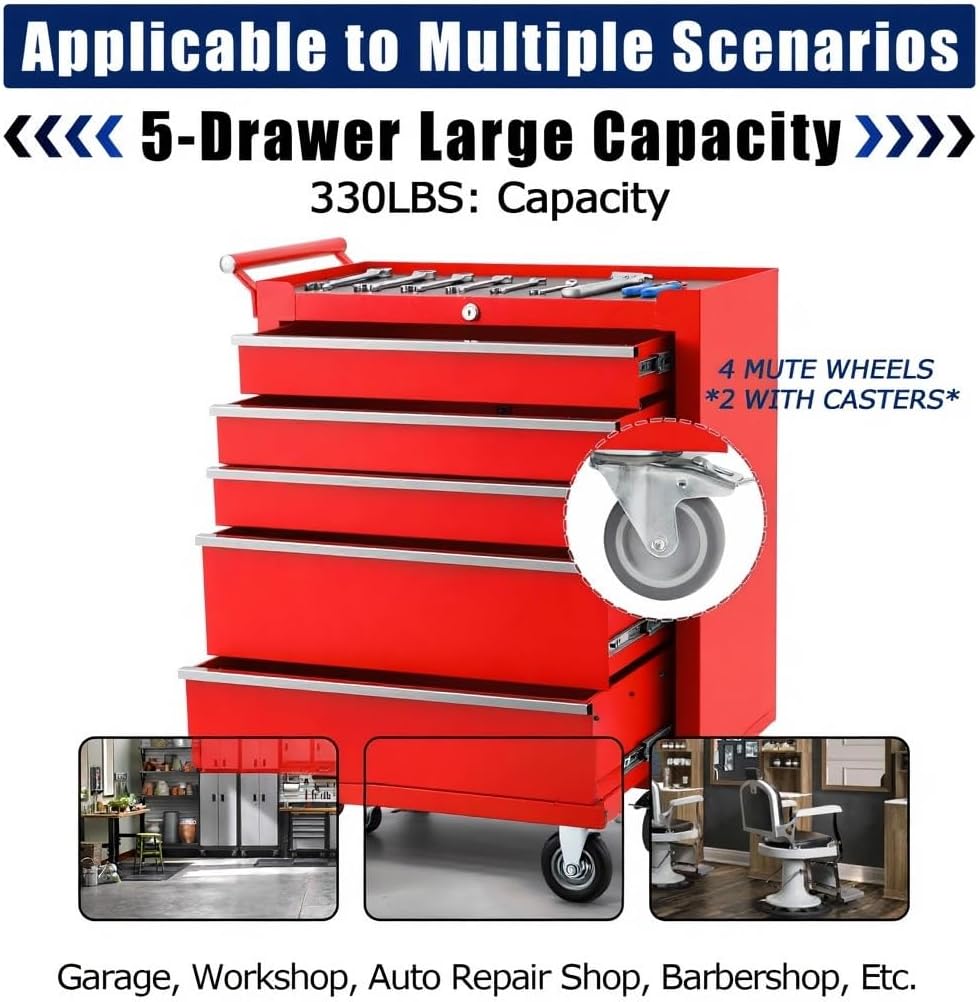 Rolling Tool Chest, 5 Drawers Tool Storage Cabinet with Wheels, Portable Tool Cabinet Organizer with Locking System & Drawer Liners,Universal Lockable Wheels, Tool Storage Cart for Garage, Workshop