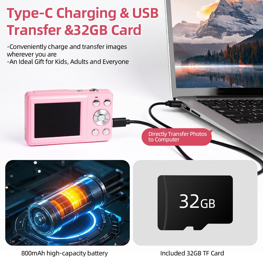 Ainiv Macchina Fotografica, 4K Fotocamera Digitale, 48MP Ricaricabile Macchina Fotografica Compatta con 32G TF Card, 18X Zoom, 2.4" + 1.3" Doppio Schermo per Bambini, Adolescenti e Principianti Rosa