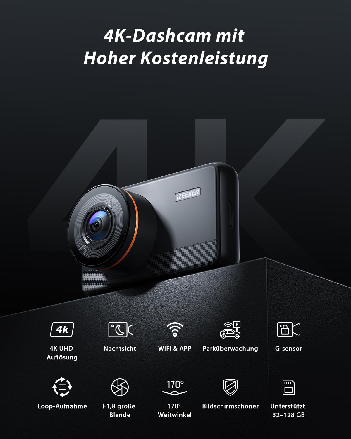 iZEEKER 4K Dashcam Auto mit WiFi, 32GB Karte, Nachtsicht, 24/7 Parküberwachung, WDR, 170° Weitwinkel