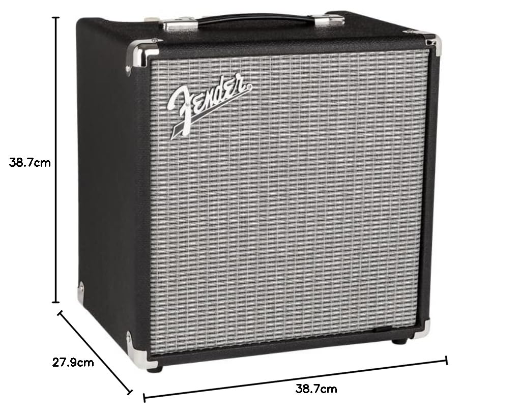 Fender Rumble 25 Bassverstärker, ideal für E-Bass, kraftvoller 25W Sound, kompakt, tragbar, EQ-Regler, Kopfhöreranschluss, Übungsverstärker für Anfänger & Profis, schwarz/silber | Kompakter Bassverstärker, umschaltbarer Overdrive, Mid-Scoop-EQ, leicht, an