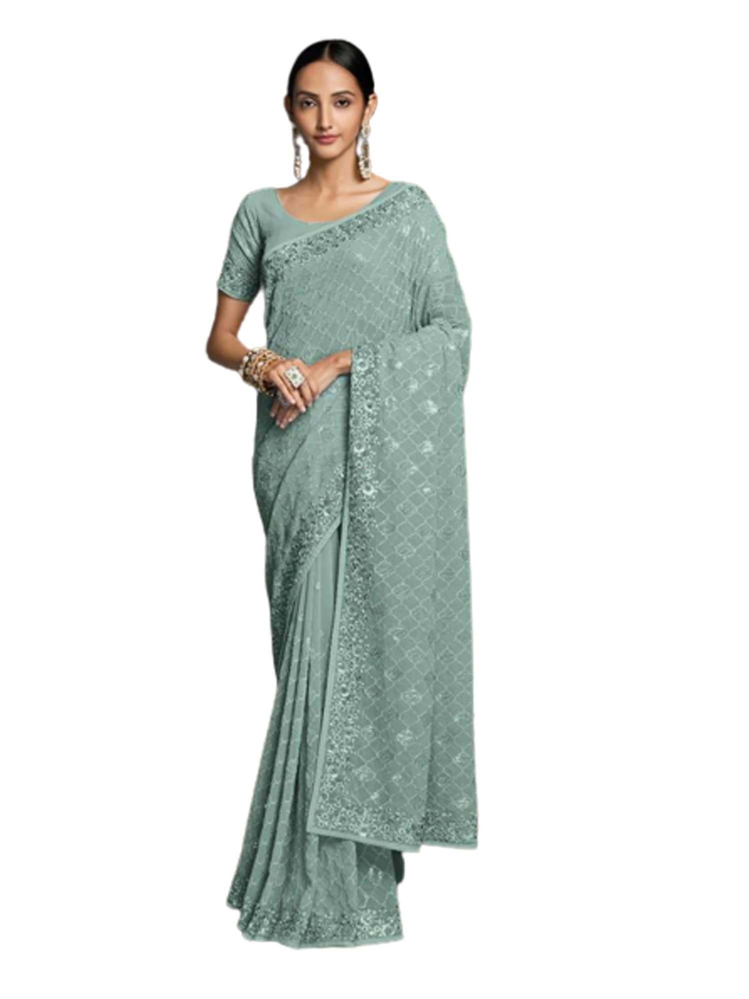 Sari 8527 de Georgette una solución elegante de gala con lentejuelas y cristales Zarkan 8