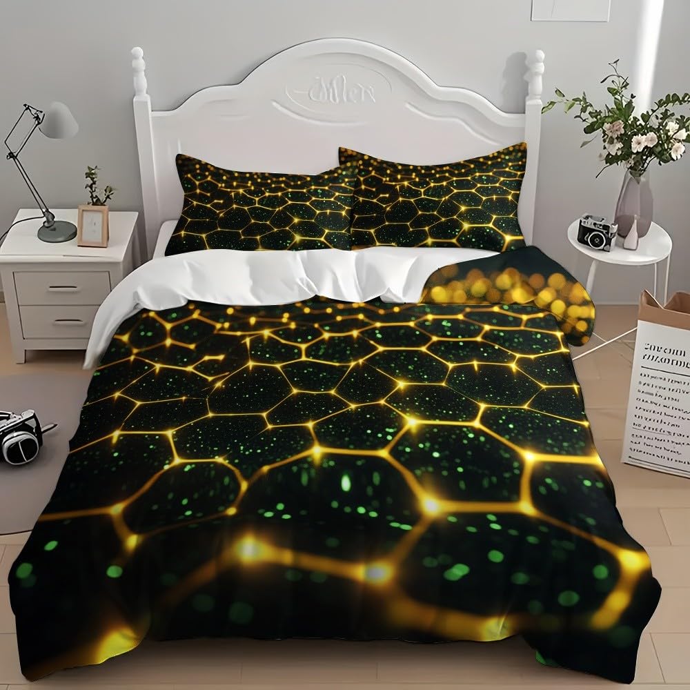 Poszwa na kołdrę 220x220cm Łóżko 135 - Fluorescencyjna zielona poszwa na kołdrę z mikrofibry i 2 poszewki na poduszki 50x75, sztuka geometryczna złota z plastrem plastra miodu miękki i wygodny zestaw