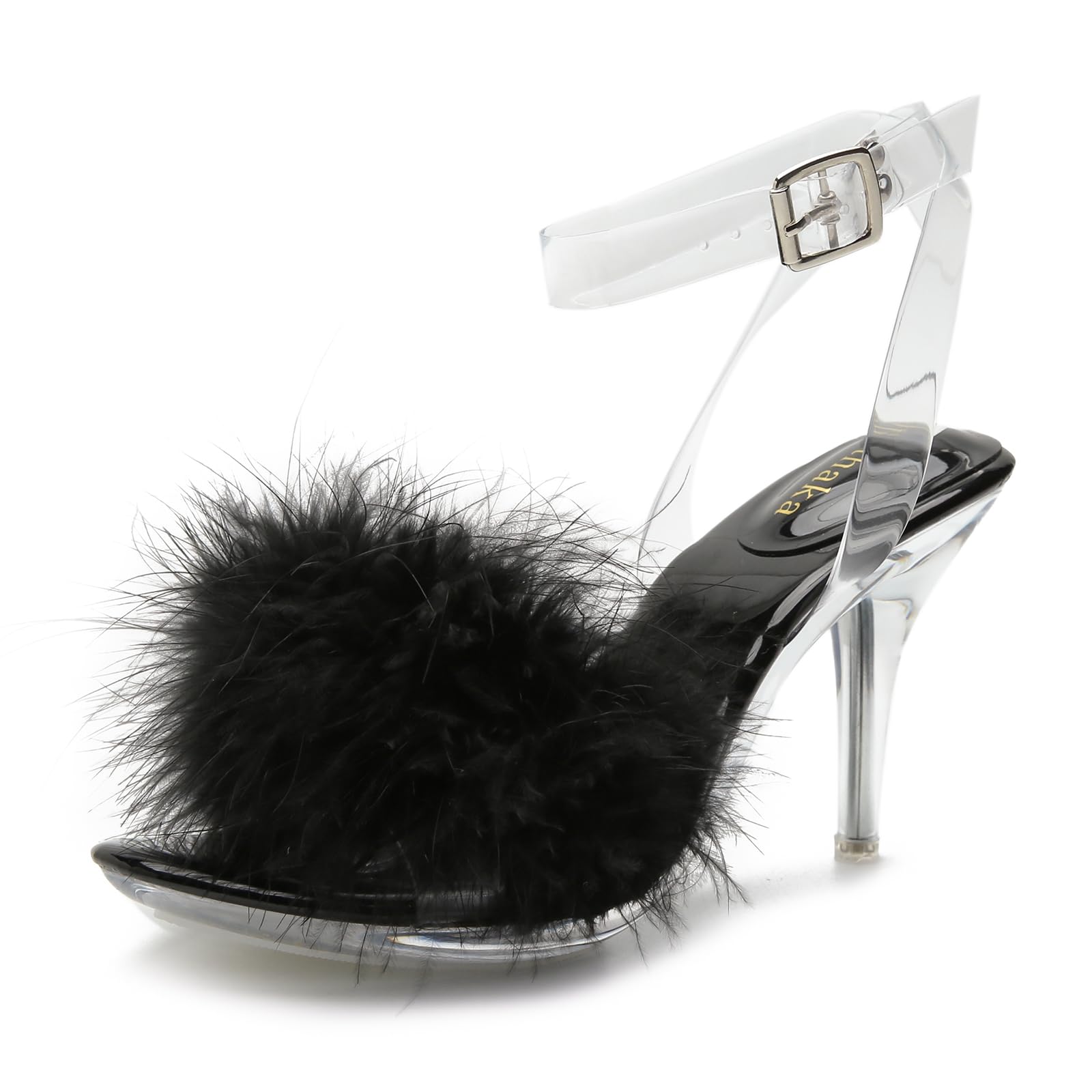 omthaka Women's Fuzzy Clear Heels Ankle StrapStilettos Heels Mules Sandals Fluffy Feather Slip On High Heeled Party Prom Dresses Shoes: 6 Black