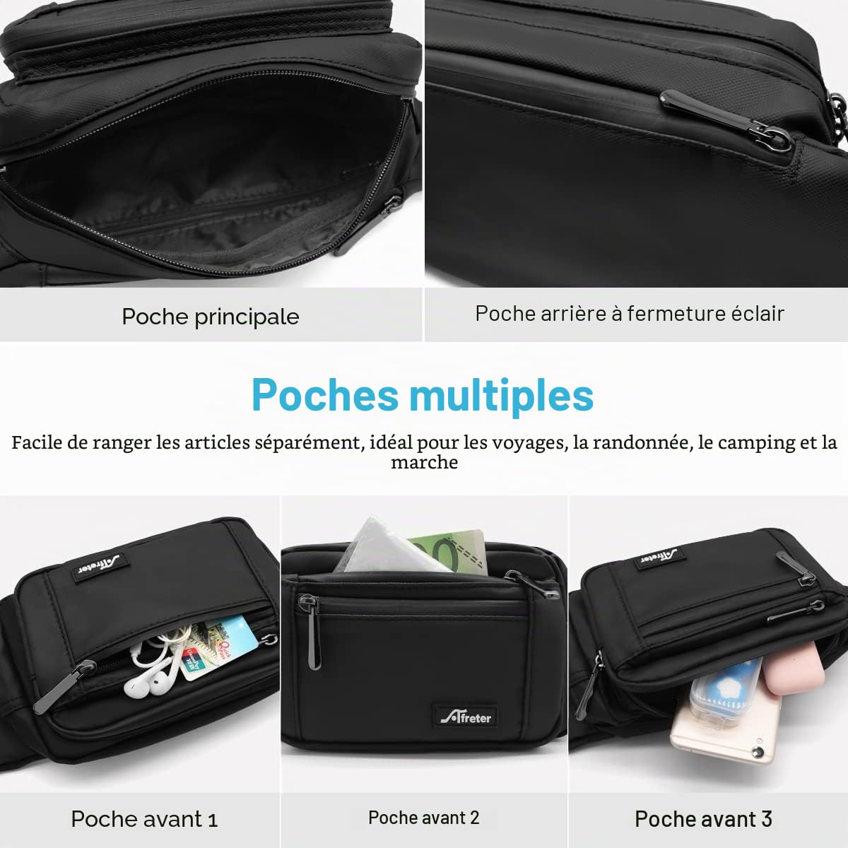 HNOOM Banane Homme Sac Banane Femme Imperméable Sacoche Banane avec 5 Poches et Sangle Réglable, Sac Banane Voyage Randonnée Unisexe Grande Capacité Sacoche de Ceinture (Noir-1)
