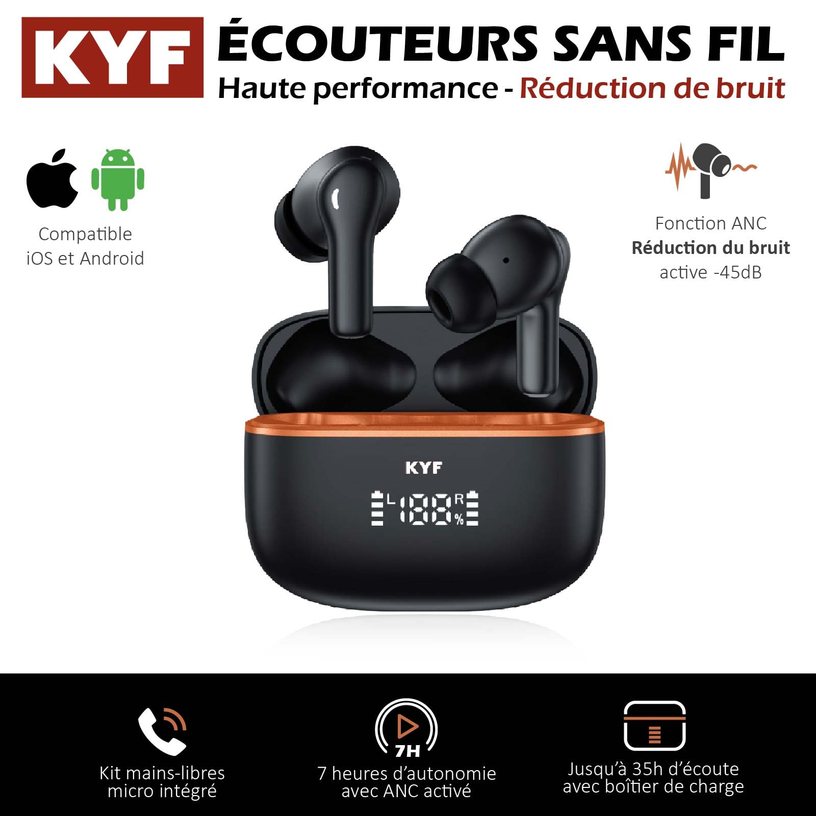 KYF Écouteurs sans Fil Bluetooth 5.4 – ANC Réduction de Bruit Active -45dB, Appels Clairs ENC -40dB, IPX4 Étanche, Son HiFi, Autonomie Longue, Contrôle Tactile – Compatibles iOS/Android