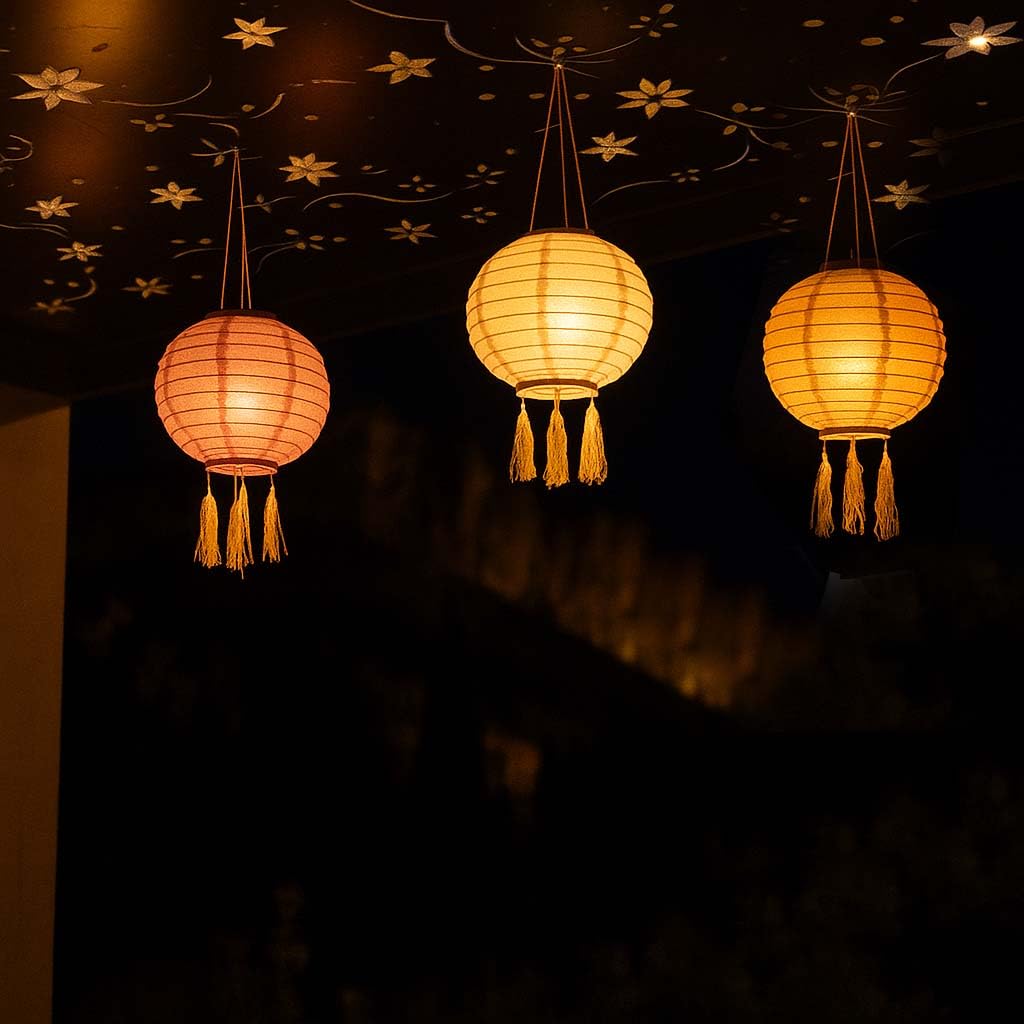 LUMI JARDIN Chiński lampion solarny 3 kolory różowy, kremowy i pomarańczowy LED ciepła biel SHANGRI LA 20 cm
