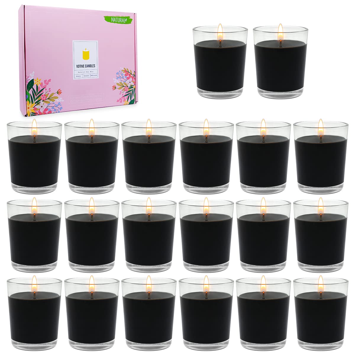 15 Hour Black Votive Candles in Glass, 20 Packs Unscented Soy Wax Scentless Candles for Wedding Party Home Holidays Relaxation Spa Halloween, 10-12 Hours Long Burning