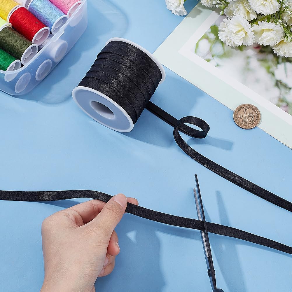 PH PandaHall Nastro Sbieco In Raso Nastro Sbieco A Doppia Piega 8.5mm Nastro di Rilegatura Nero Nastro Pieghevole per Cucire Abbigliamento Cuciture Orli Piping 20 m