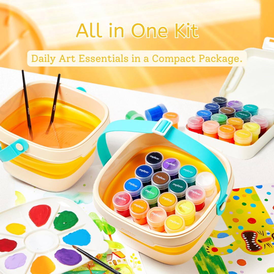 Mideer Kit de peinture gouache – Ensemble complet avec peintures vibrantes de 20 ml, pinceaux de qualité professionnelle, palette, serviette de nettoyage et seau de transport pliable – Comprend un