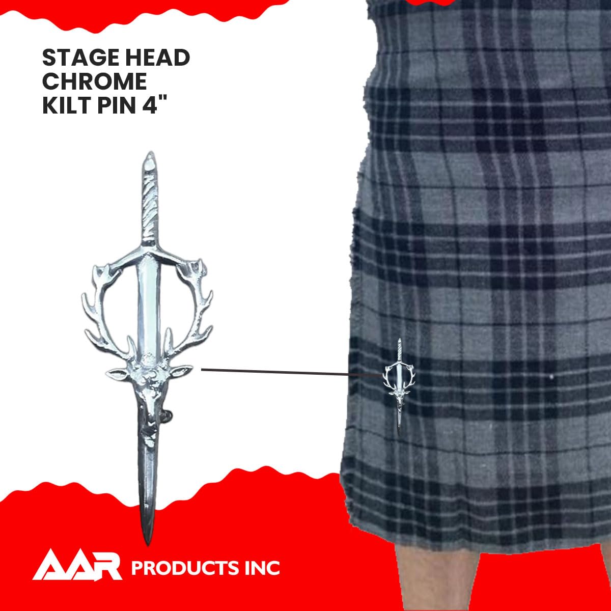 Spilla da Kilt con testa di cervo, finitura cromata