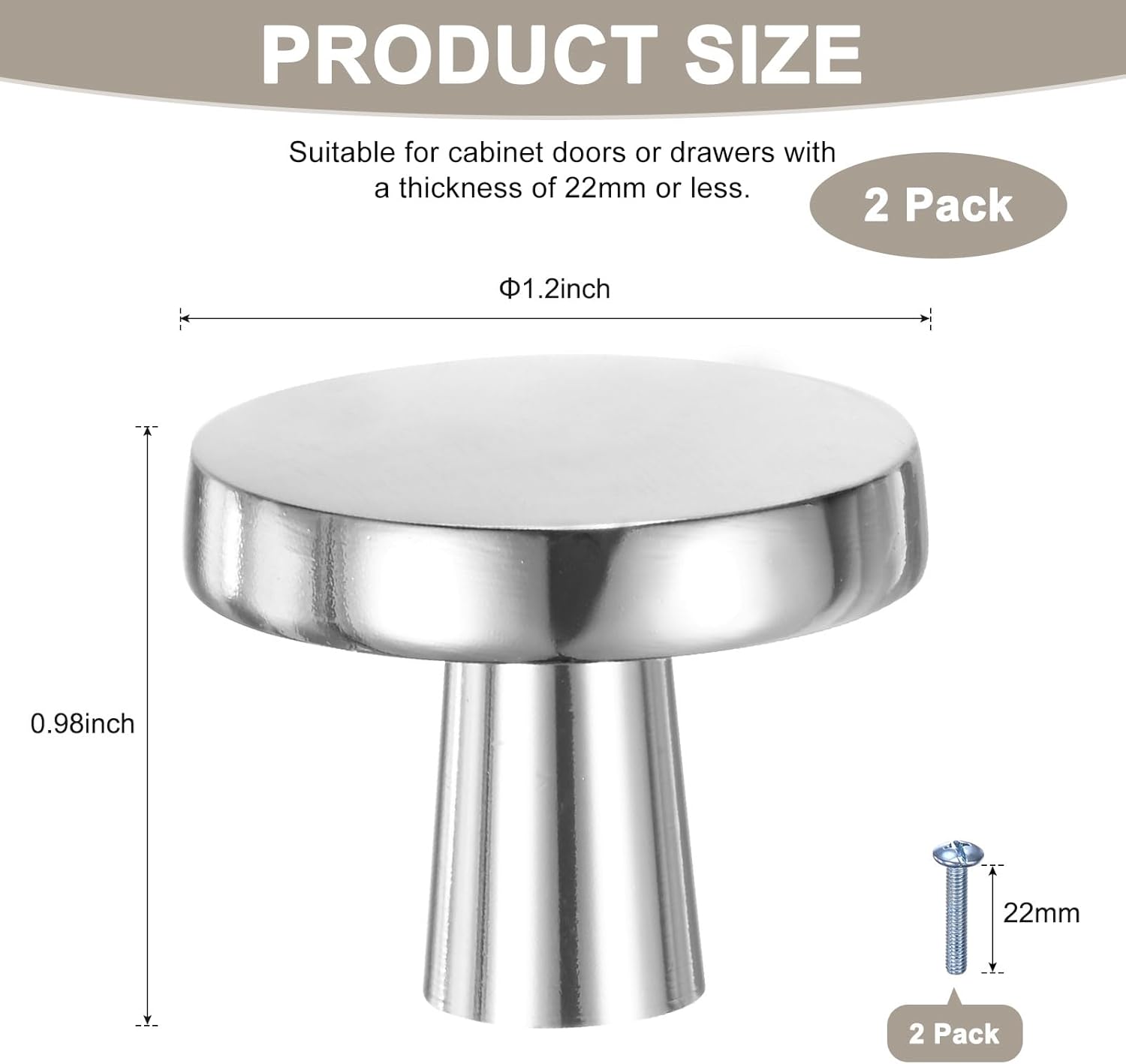 M METERXITY 2-Pack Brushed Satin Cabinet Knobs, 1-1/5" Round Modern Zinc Alloy Knobs Handles for Dresser Drawers/Office Decorative/Kitchen Bathroom Door [Bright Silver]