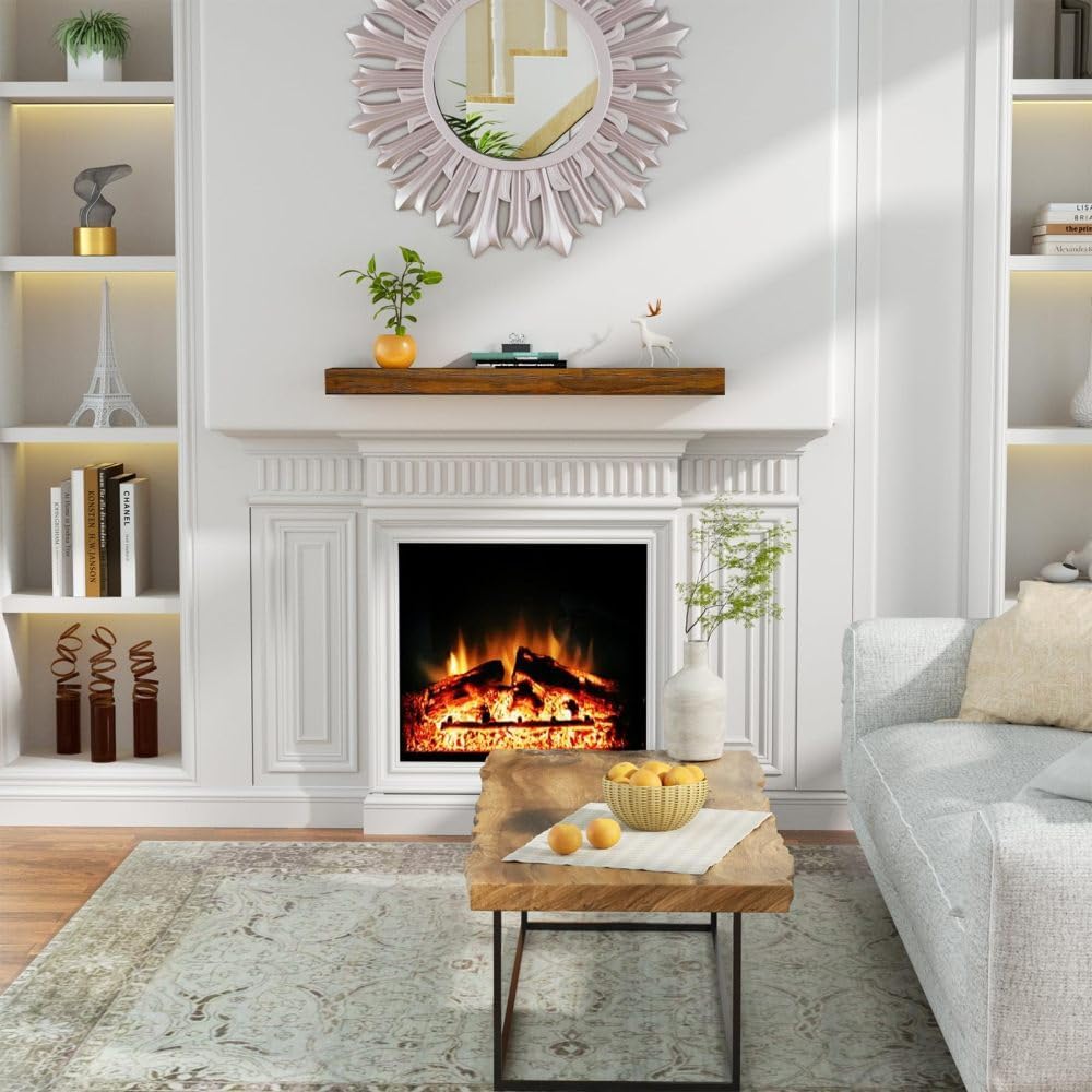 Rustic Wood Floating Mantel Shelf, Antique Natural Finish, Solid Pine Construction, 72x8x3 Inch, Wall Mounted Fireplace Shelf with Resin End Caps (Chocolate, 48" x 8" x 3")