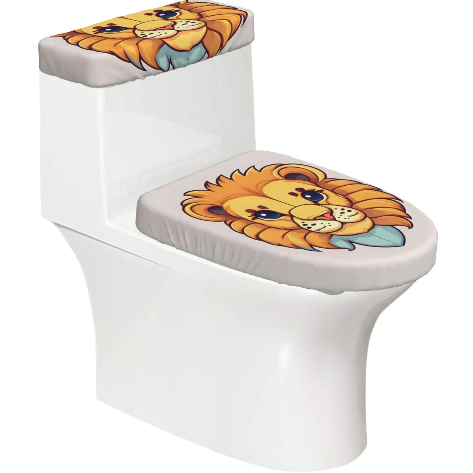 Cartoon Cute Little Lion Elastic Toilet Cover Set of 2-Stretchy Lid and Tank Covers for Bathroom, Soft Washable U Shape Toilet Decor