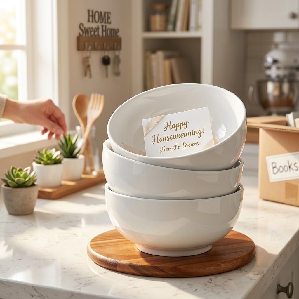 Delling 1.8 l,1.7 l großes Servierschalen-Set, 20.3 cm weiße Keramik-Suppenschüsseln, große Salatschalen für Küche, Ramen, Mikrowelle und Geschirr Waschmaschinenfest 3er-Pack
