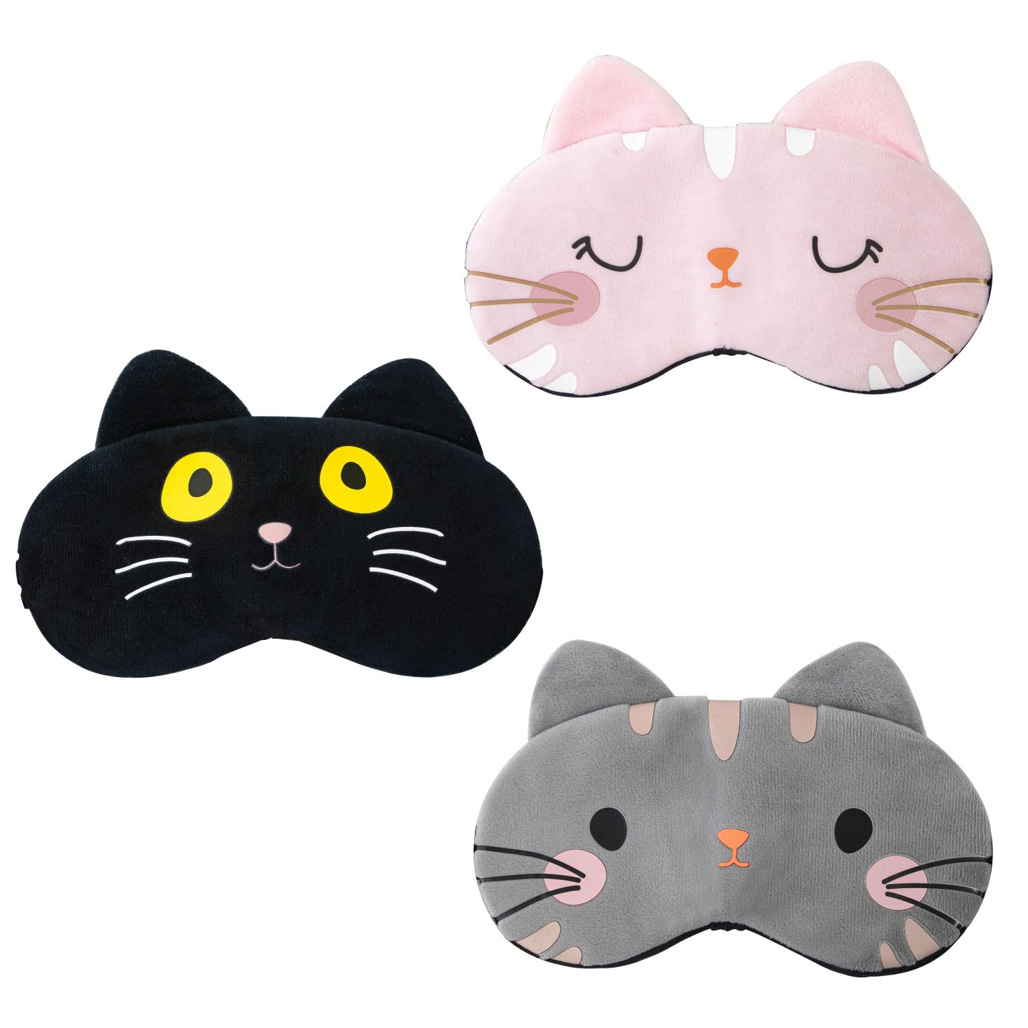 3 Piezas Antifaz para Dormir para Niños, Antifaz Dormir de Gato de Dibujos Animados con Correas Ajustables, Antifaz para Ojos de Felpa Suave, Antifaz para Dormir Nocturno para Mujer