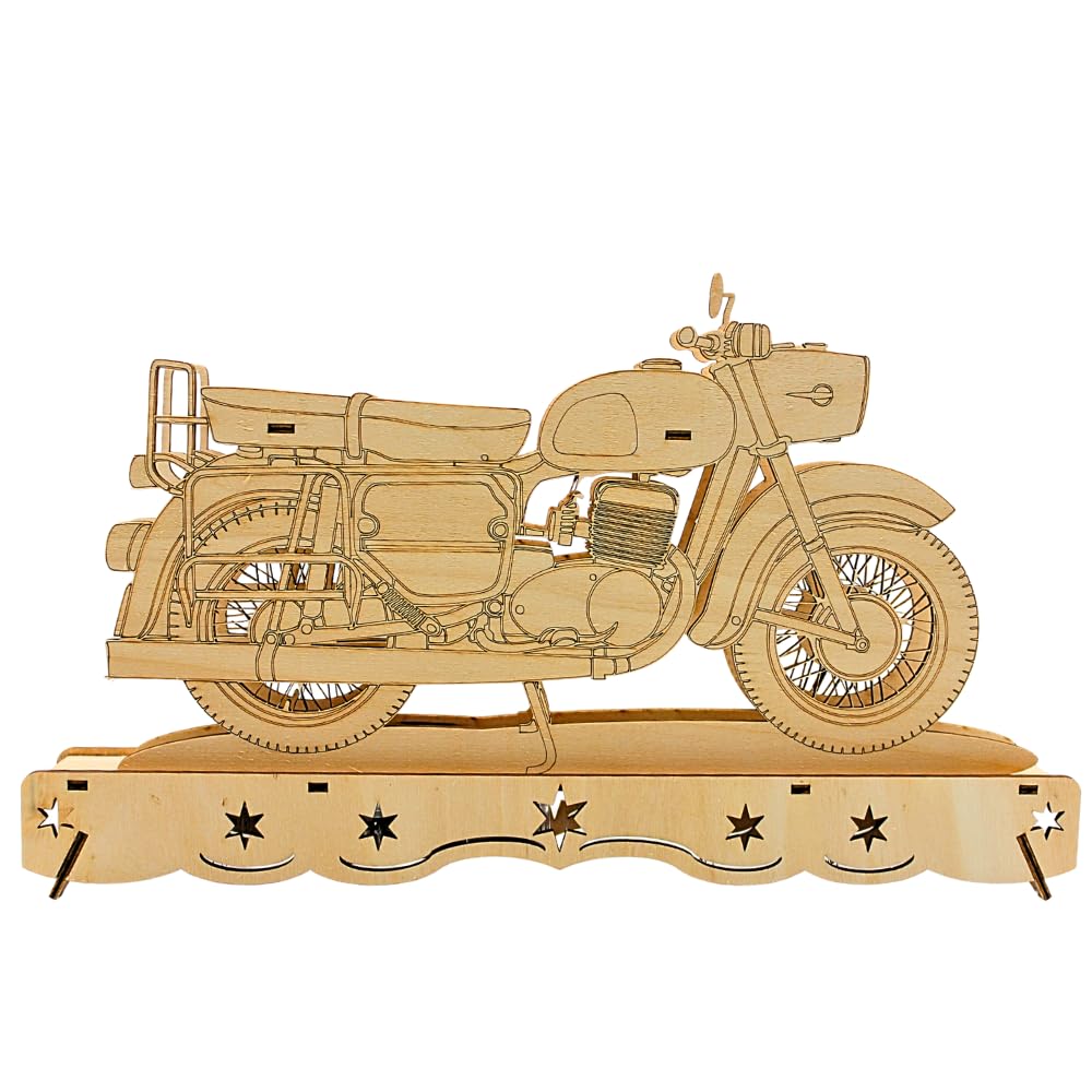 Ostalgie Moped Schwippbogen, DDR - Motorrad Schwibbogen, Lichterbogen Ostalgie, Schwibbogen DDR-Fahrzeug, aus Holz mit LED-Beleuchtung – Batteriebetrieben (2x AA), Made in EU, L/B/H 35 x 4 x 21 cm.