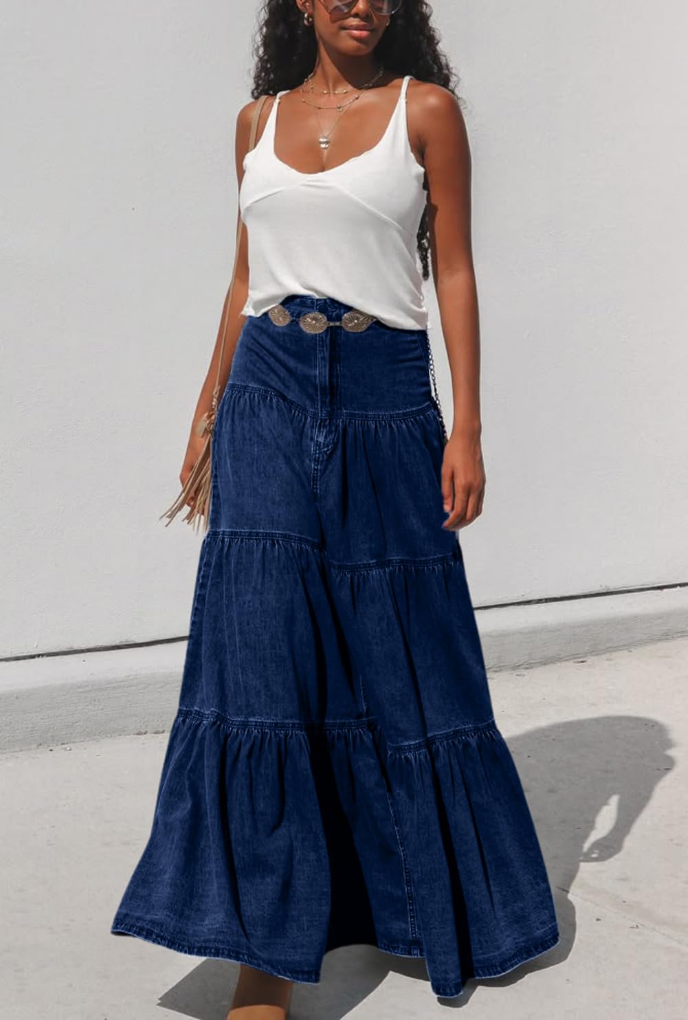 Falda de Mezclilla Maxi Informal con gradas de una línea para Mujer Falda Larga de Mezclilla Boho Plisada con Columpio Fluido