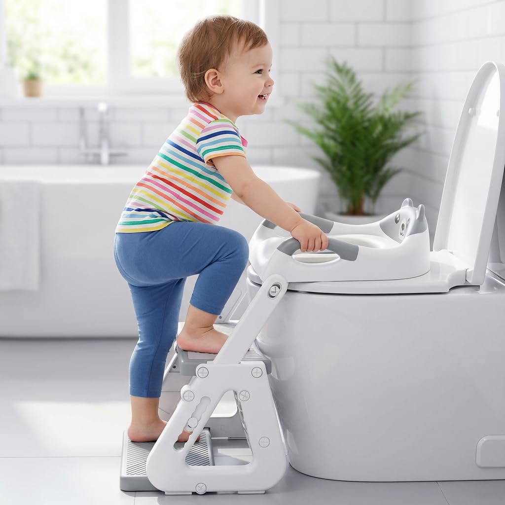 Toilettensitz Kinder mit Treppe, Stabil Kinder Toilettensitz mit Dreiecksstruktur, Verlängerter Pedal- und Spritzschutz und Wasserdichtes PVC-Polster, Rutschfest und Faltbar, Grau