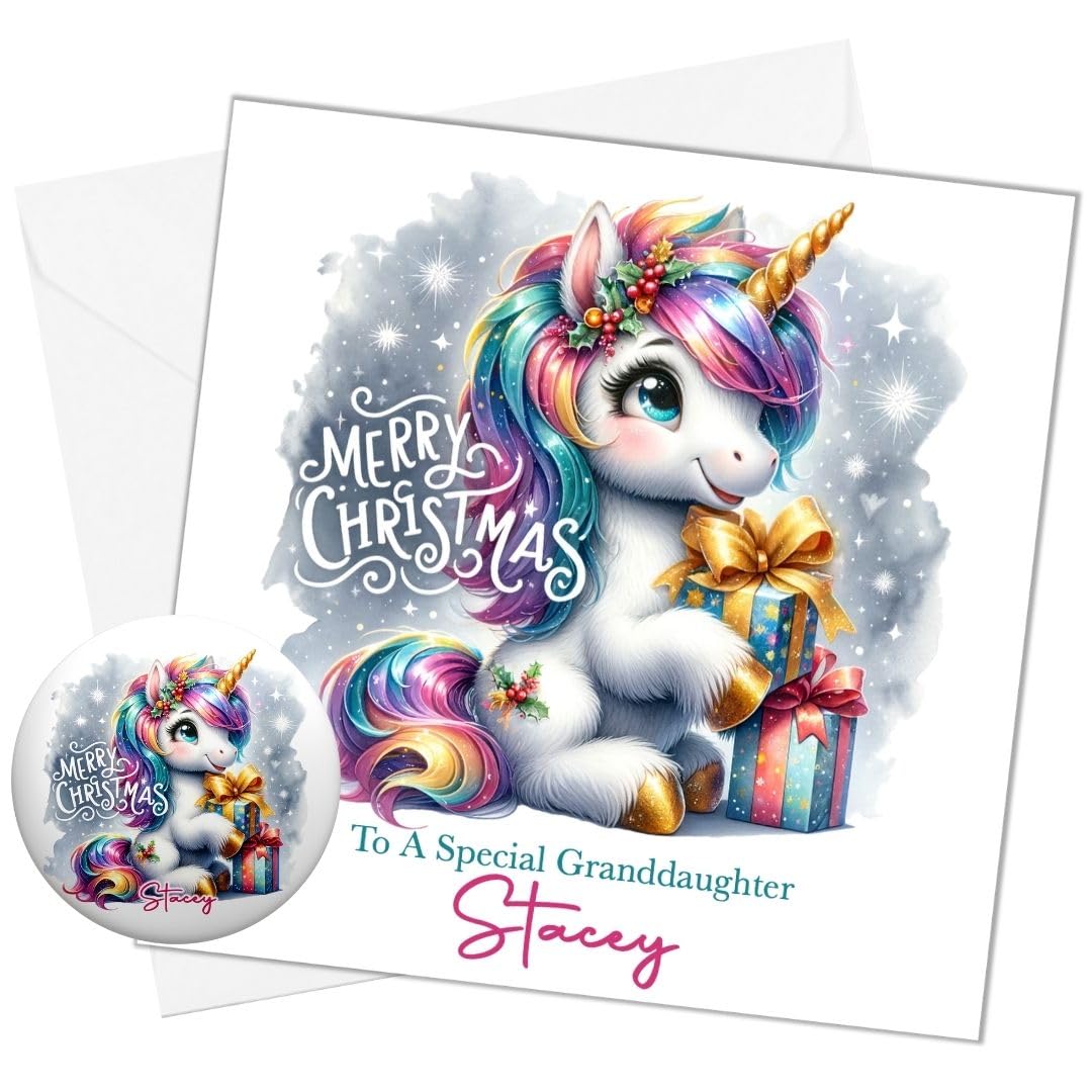 Unicorn Christmas Card Personalised for Daughter Granddaughter Niece Sister Goddaughter Pink Girls Card With Optional Matching Badge & Money Wallet (Standard Card & Badge)