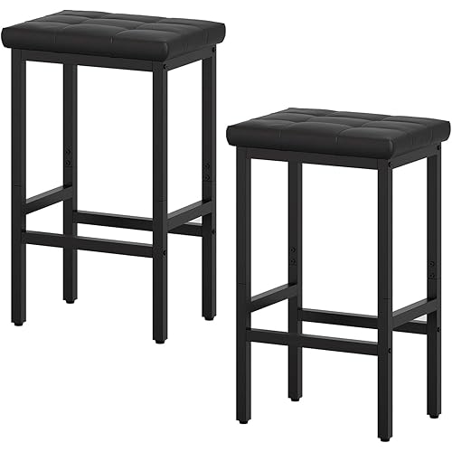 Saddle Bar Stool, Backless barstools Set of 2, Kitchen Island Chairs, PU Leather Padded, Sturdy Metal Base and Adjustable Feet for Farmhouse, Restaurant, Bar, Black, BC38H1BBD2