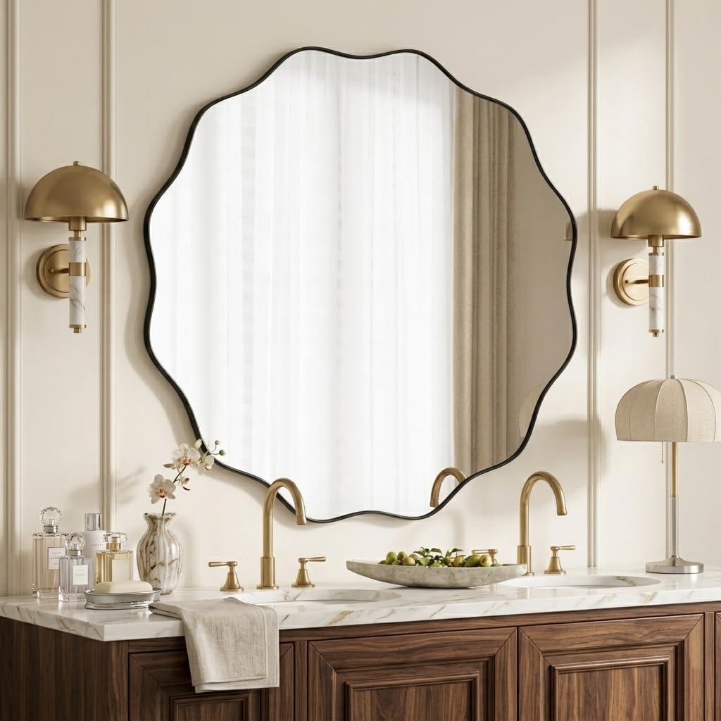 18x18 Inch Black Scalloped Wavy Round Mirror – Tempered Glass, Textured Deep Metal Frame, Modern Decorative Wall Mirror for Bathroom, Living Room, Entryway & Hallway-image-25