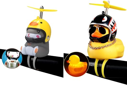 wonuu Duck Bike Bell with Light and Propeller Helmet Cute Hamster Bicycle Horn, Car Dashboard Decoration Squeeze Rubber Duck Motorcycle Bike Bells Ornaments Chick&Shark