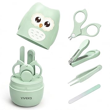 Baby Nail Kit, 4-in-1 Baby Nail Care Set with Cute Case, Baby Nail Clippers, Scissors, Nail File & Tweezers, Baby Manicure Kit and Pedicure kit for Newborn, Infant, Toddler, Kids-Owl Green
