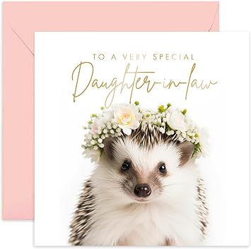 Old English Co. Hedgehog Very Special Daughter-in-Law Card - Hedgehog Floral Cute Birthday Card for Her - Cute Well Done Congratulations Cards from Parents-in-Law | Blank Inside Envelope