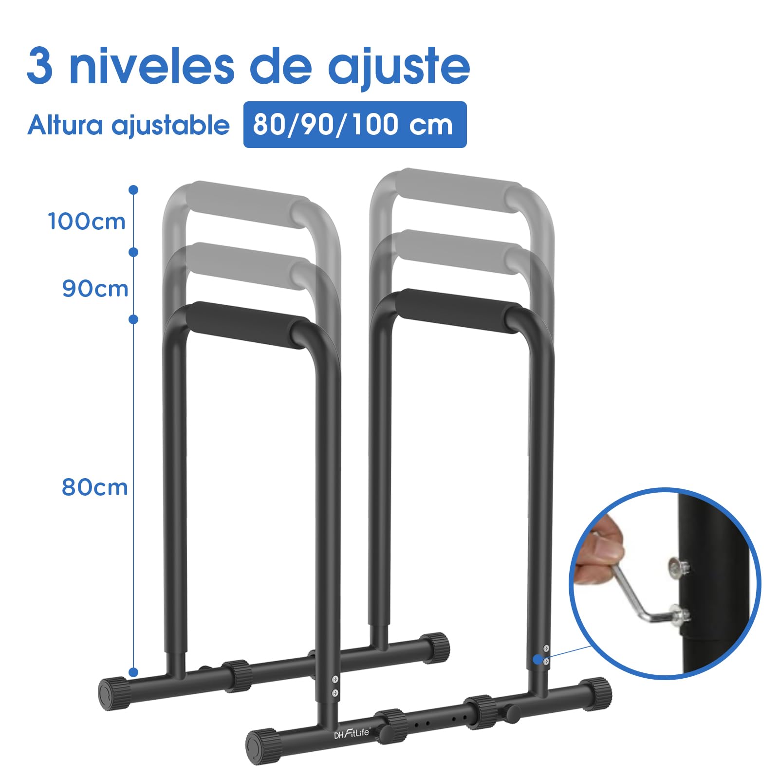 DH FitLife - Barras Paralelas para Calistenia en Casa | Robusta, Estable y Versátil | Dip Station Ajustable en Tres Alturas (80/90/100 cm) | Ideal para Fondos, Flexiones y Entrenamiento de Fuerza