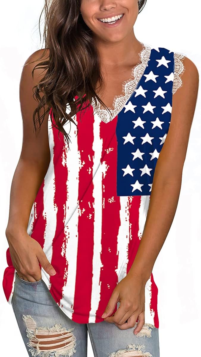 Women's Lace Tank Tops V Neck Sleeveless Summer Casual T Shirts Tunic Side Split Loose