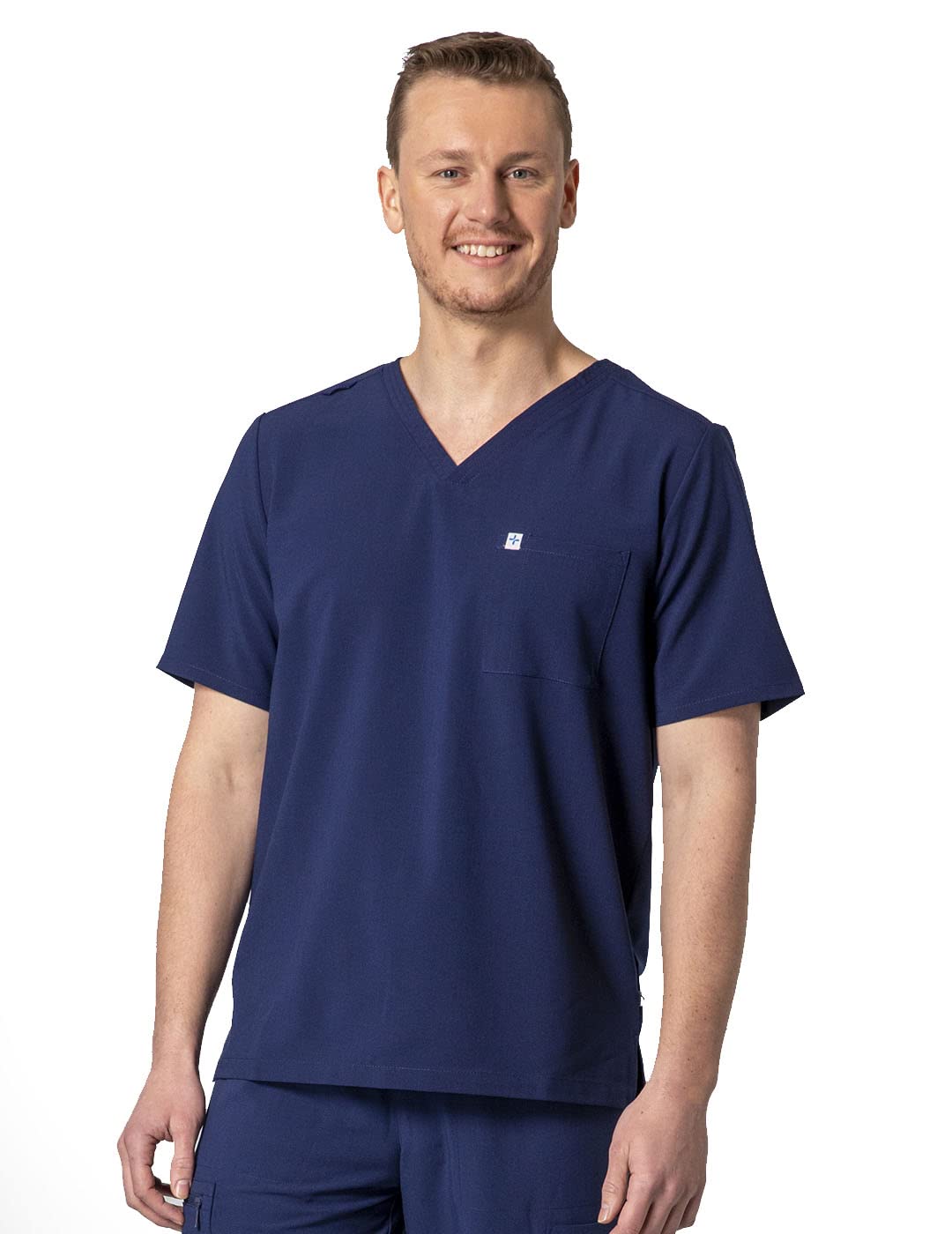 Care+Wear - Men’s 2-Pocket Scrub Top (Medium, Navy) - Wearing Scrubs in Hospital - Professional Comfort Fit - Wrinkle-Resistant Fabric, Functional Pocket Design, Easy Care Instructions, V-Neck Cut