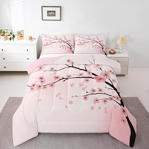 Erosebridal Juego de ropa de cama con diseño de flores de cerezo, juego de edredón de flores de estilo japonés, tamaño individual para niños, niñas,