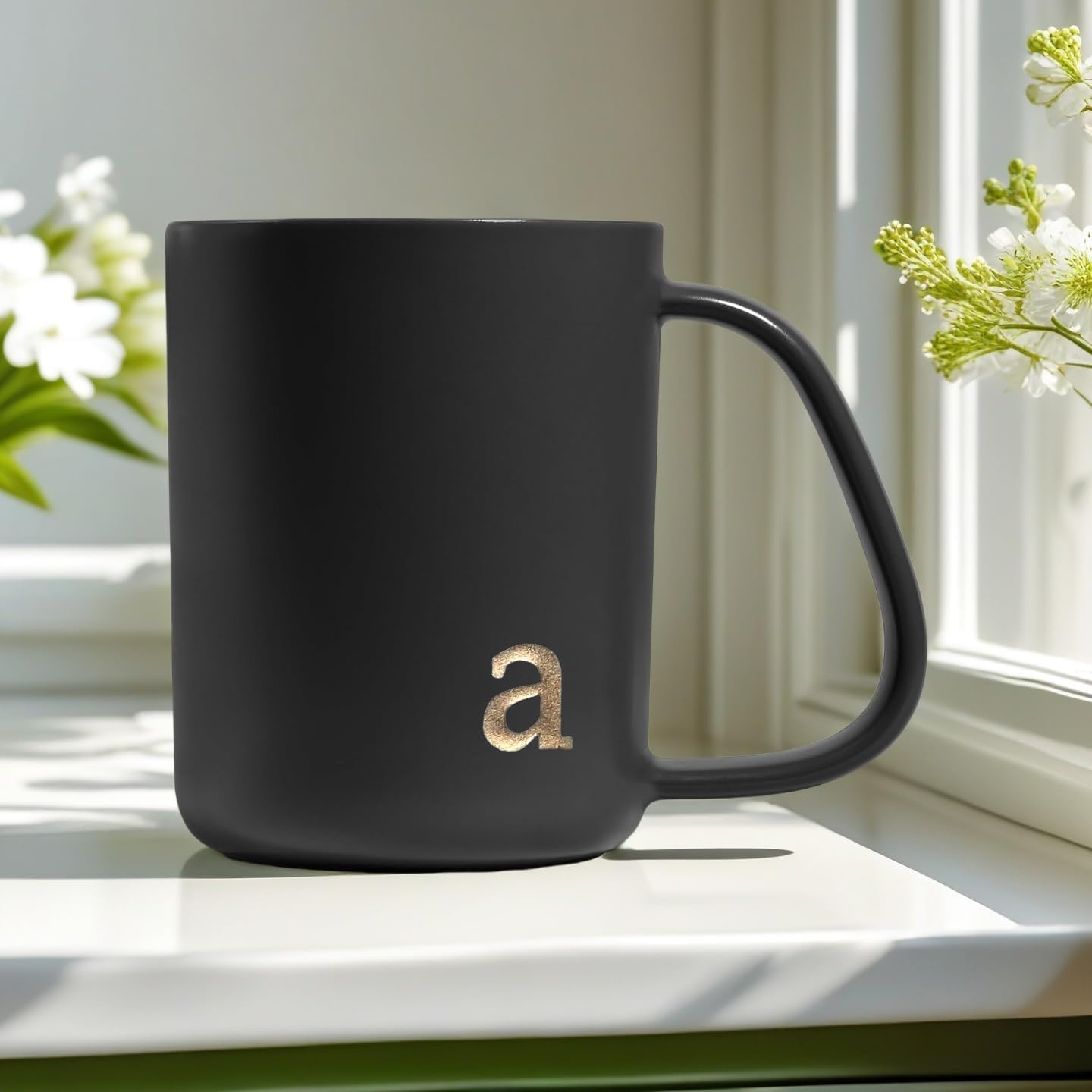 COLLECTIVE HOME - Ergonomic Handle Ceramic Mug, 15 oz Personalized Coffee Cup with Golden Initial, Microwave & Dishwasher Safe, Elegant Monogram Tea Mug in Gift Box for Home & Office (Black-a) - Image 4