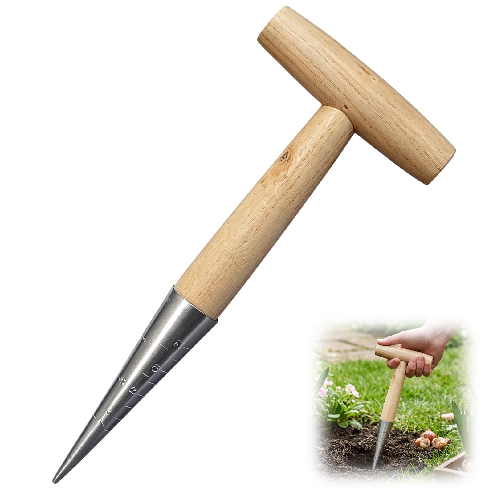 Bulb Planter Tool, Garden Dibber for Planting Seeds with Depth Control, Garden Tool with Wooden Handle, Garden Hand Tool Dibber for Outdoor Garden Planting Seeds & Bulbs